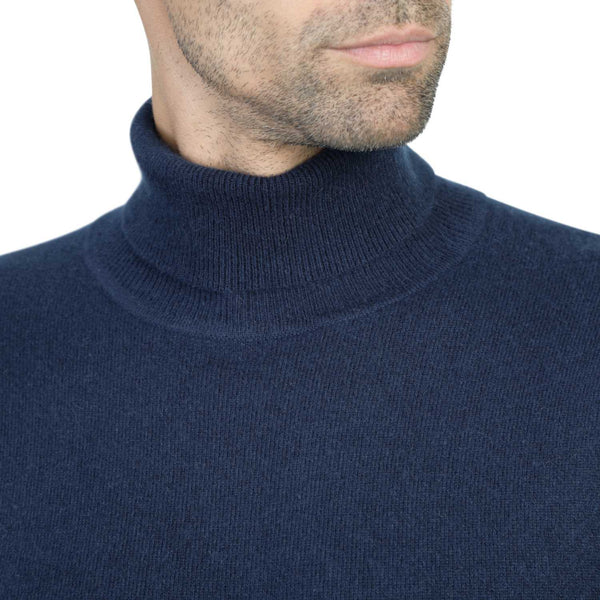 Mens Cashmere Roll Neck in Navy - Close Up