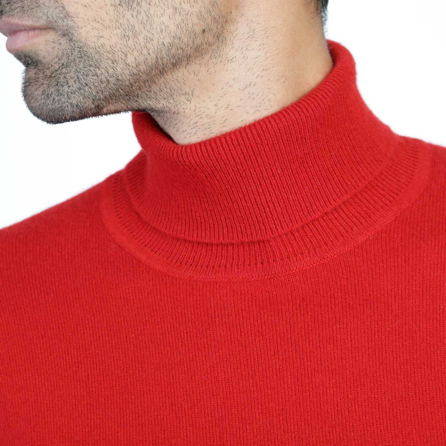 Mens Cashmere Roll Neck in Red - Close up