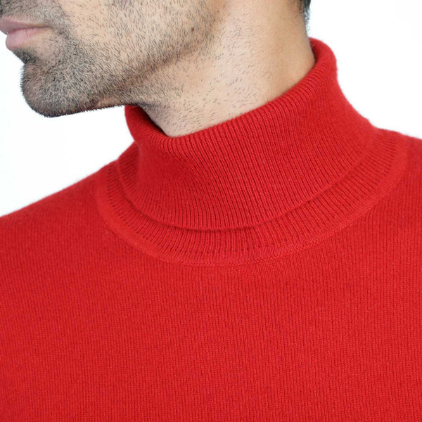 Mens Cashmere Roll Neck in Red - Close up