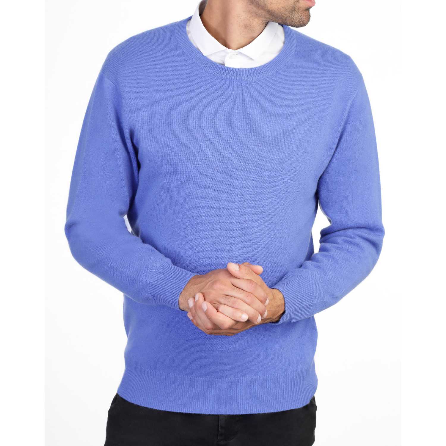 Mens Cornflower Blue Cashmere Round Neck Sweater | Front | Shop at The Cashmere Choice | London