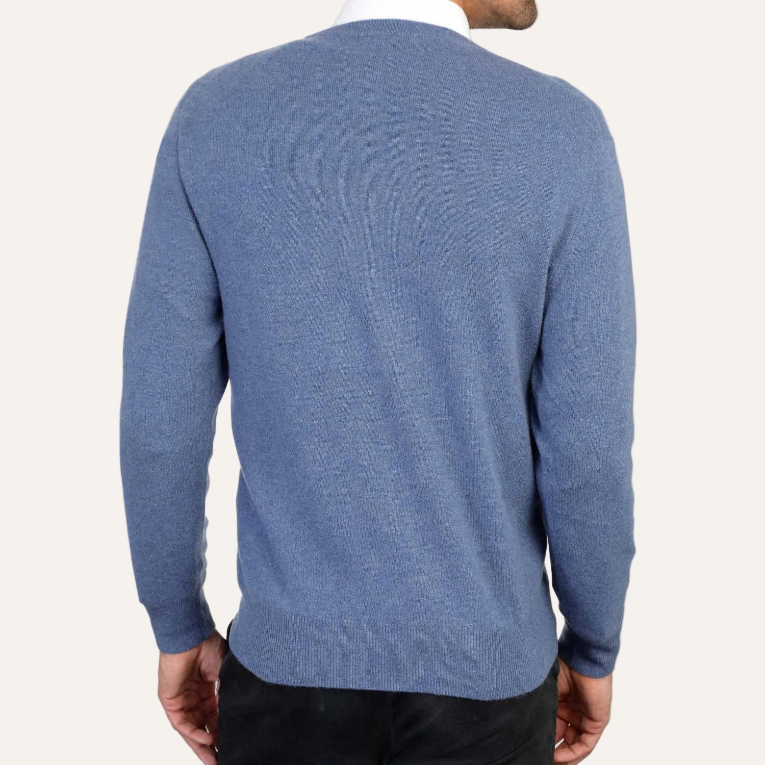 Mens Denim Blue Cashmere Round Neck Sweater | Back | Shop at The Cashmere Choice | London