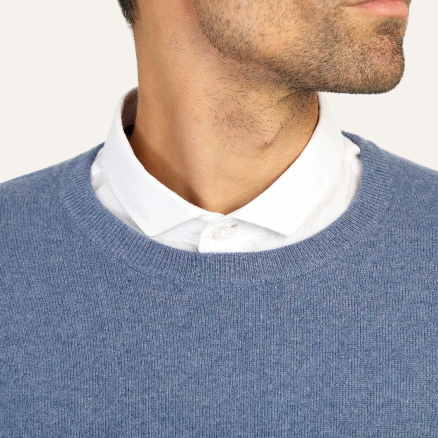 Mens Denim Blue Cashmere Round Neck Sweater | Close up | Shop at The Cashmere Choice | London