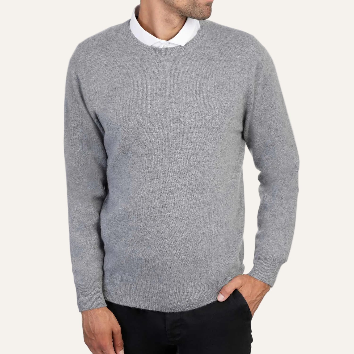 Mens Grey Cashmere Round Neck Sweater | Front | Shop at The Cashmere Choice | London