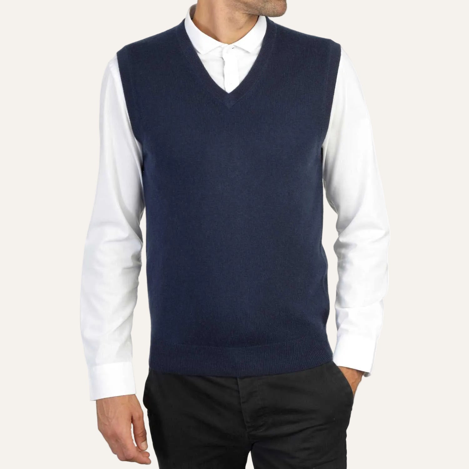 Mens Navy Blue Cashmere Sleeveless Vest Sweater | Front | Shop at The Cashmere Choice | London