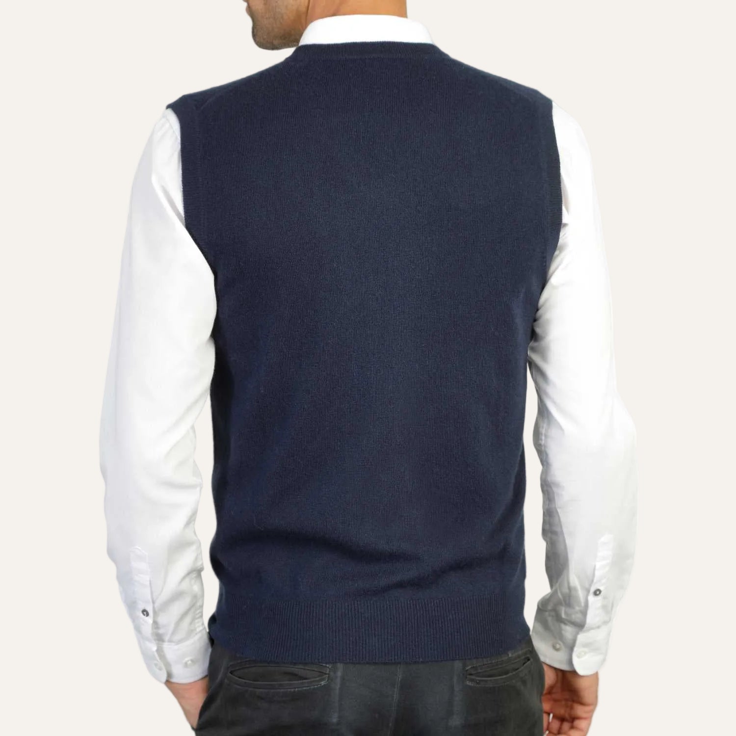 Mens Navy Blue Cashmere Sleeveless Vest Sweater | Back | Shop at The Cashmere Choice | London