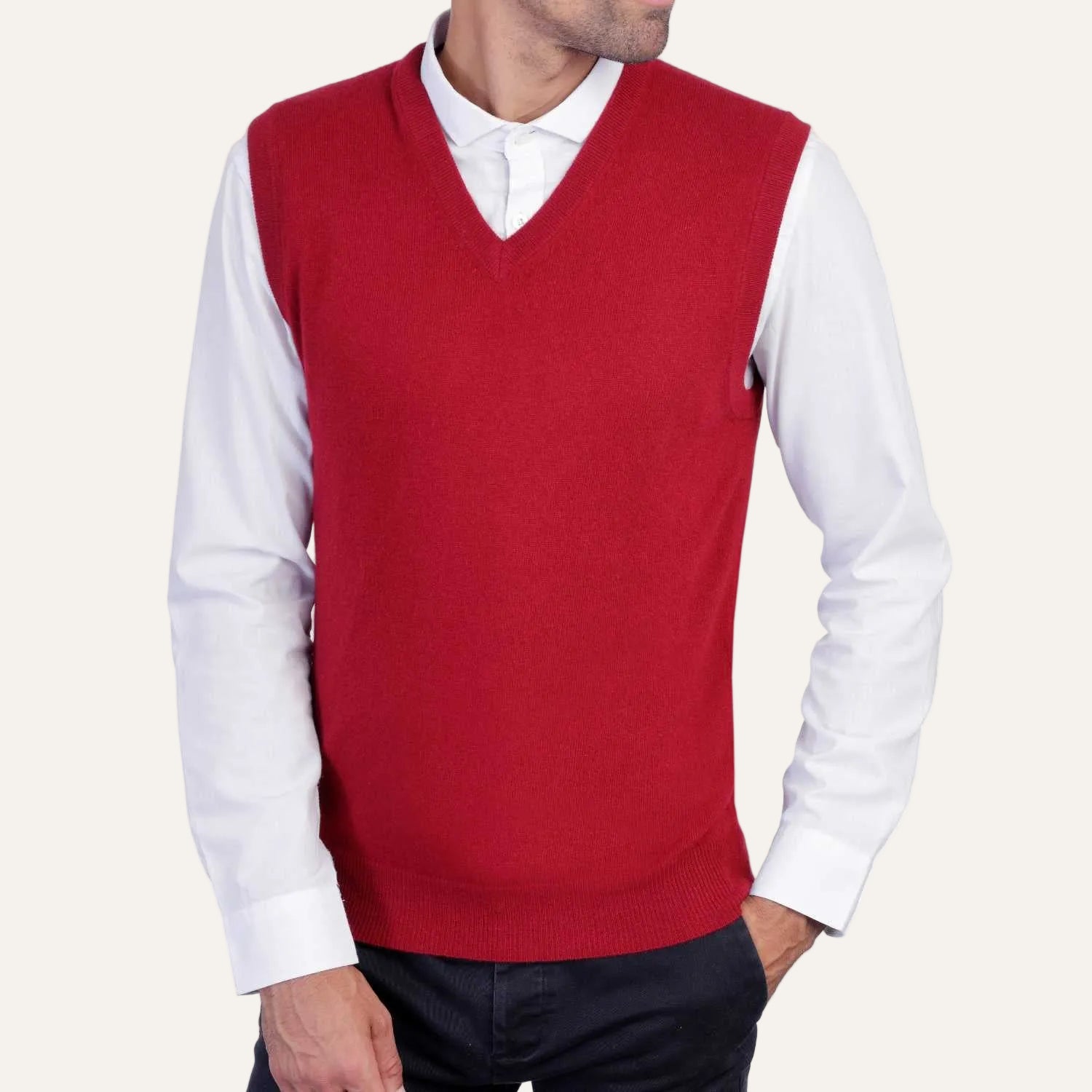 Mens Burgundy Wine Cashmere Sleeveless Vest Sweater | Front | Shop at The Cashmere Choice | London