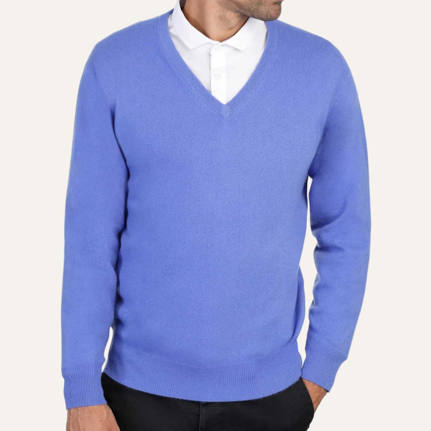 Mens cashmere v neck jumpers - corn flower blue