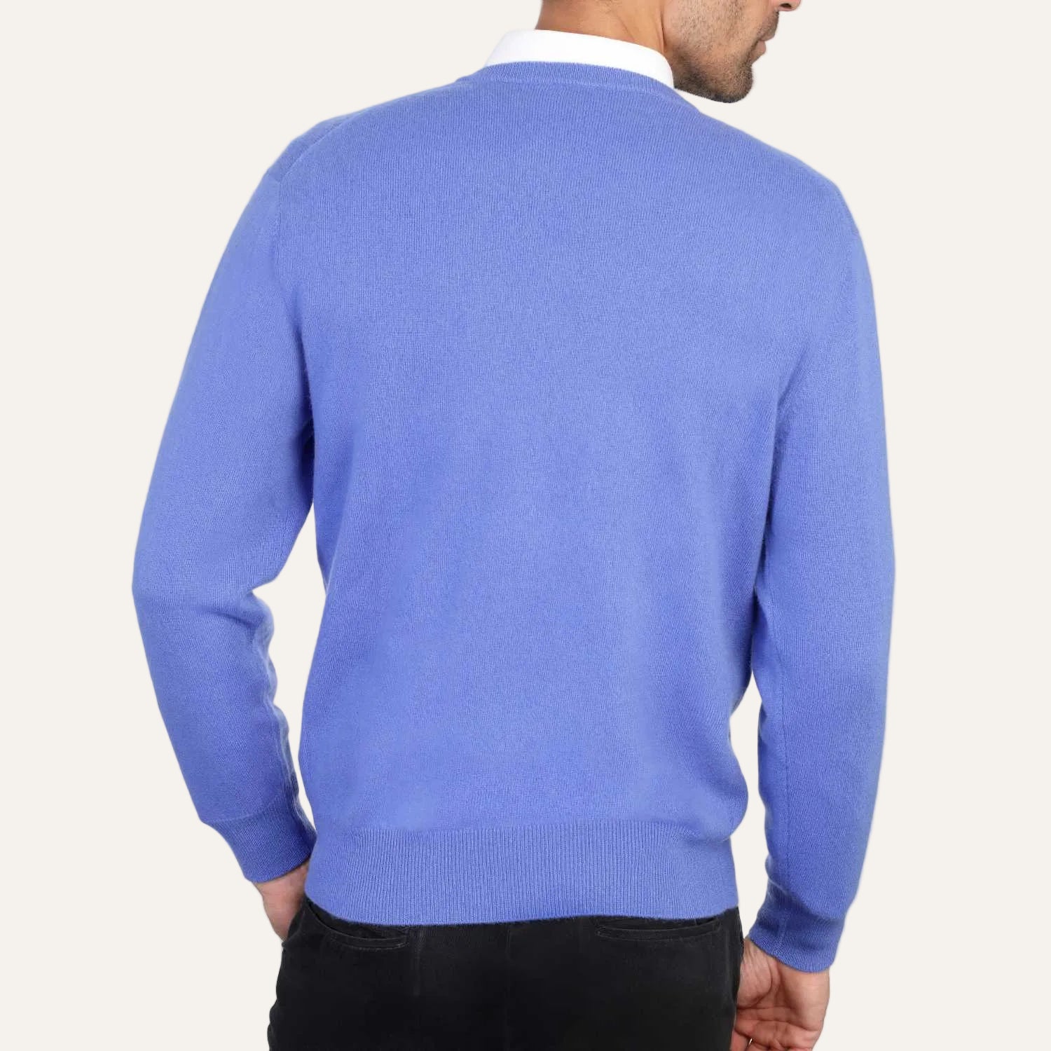 Mens cashmere v neck jumpers - cornflower blue back view