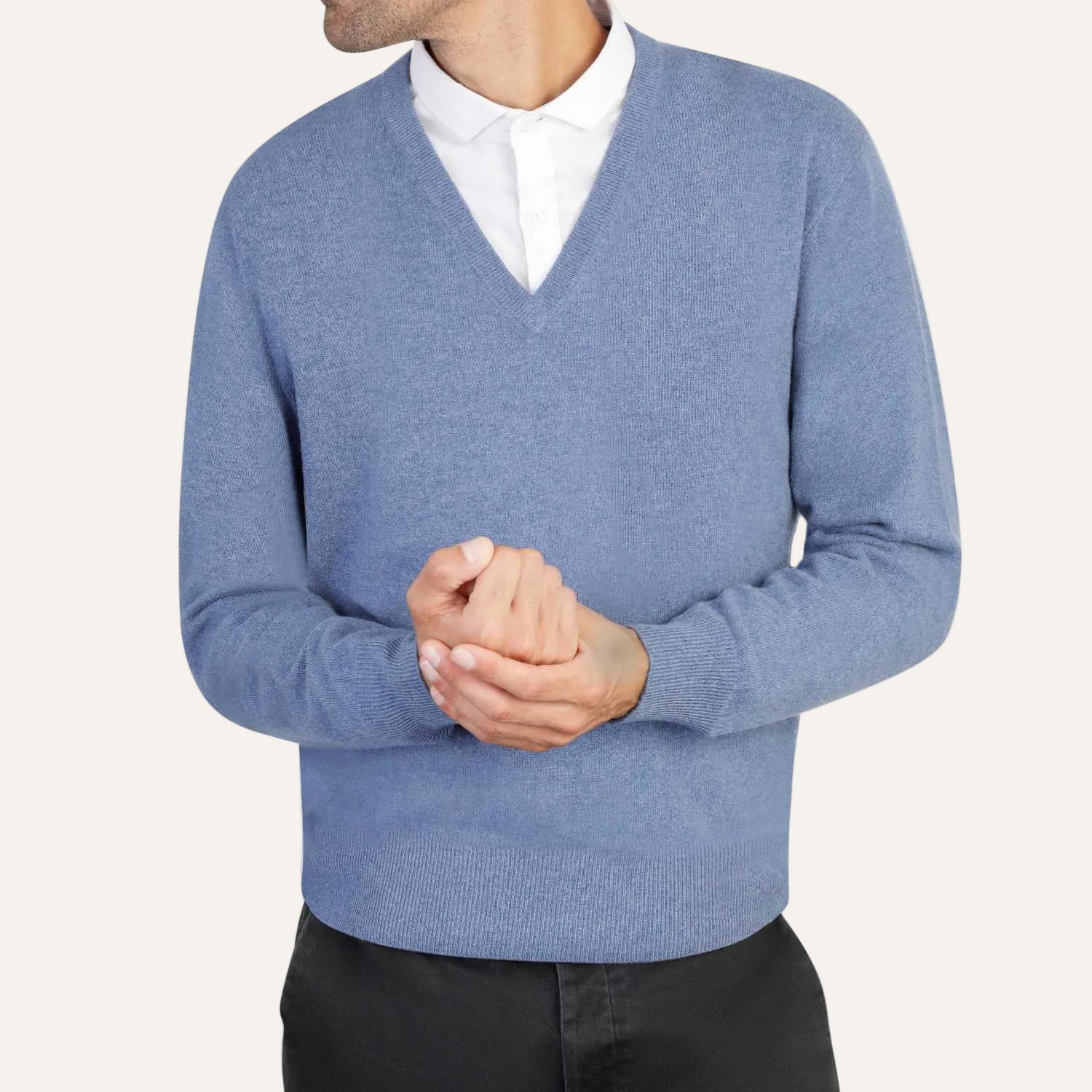 Mens cashmere v neck jumpers - denim blue