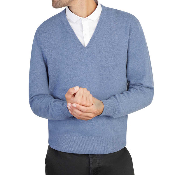 Mens cashmere v neck jumpers - denim blue