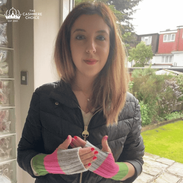 Fingerless mittens for ladies in a chunky wool knit | Green Pink and Grey |The Cashmere Choice