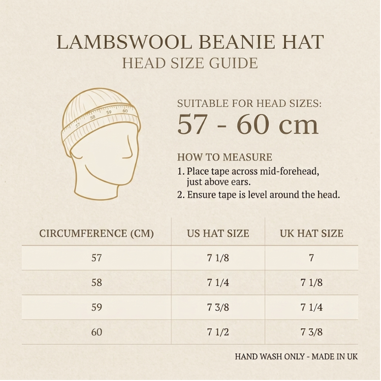 Head size guide for a lambswool beanie hat, showing a line drawing of a head wearing the hat, suitable head sizes in centimeters, how to measure, and a size table with circumference, US hat size, and UK hat size.