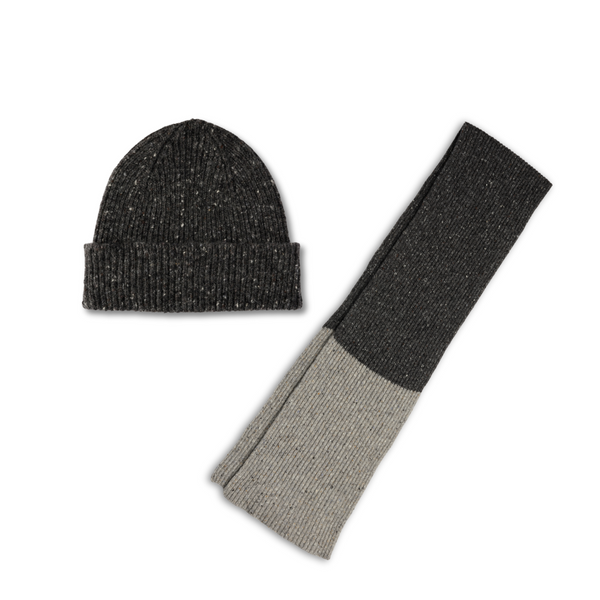 Mens Chunky Wool Scarf and Beanie Hat Set Grey Lomond Lambswool Shin