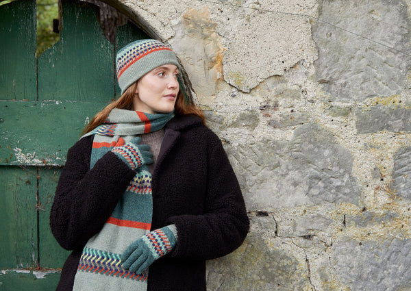 Model wearing Patterned Beanie Hat |  Green Jacquard Pattern | The Cashmere Choice