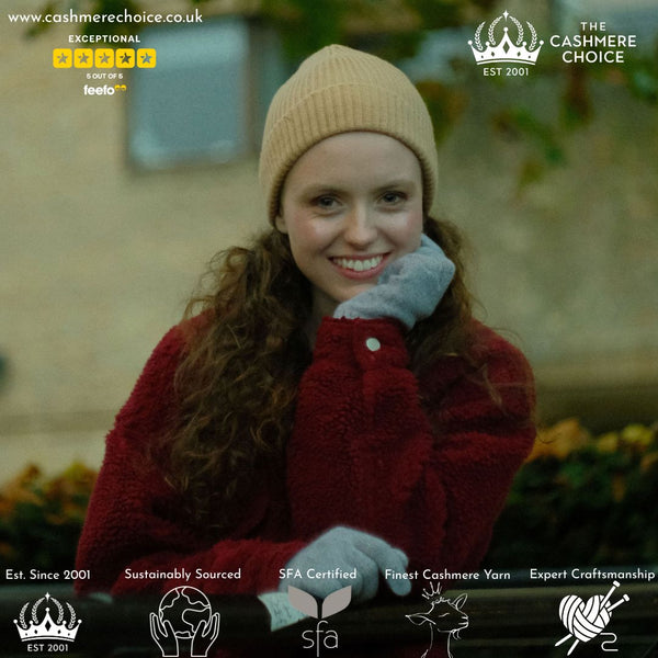 Christmas Gift - The Cashmere Choice - Women Cashmere Winter Gloves and Beanie Hat on Model 2