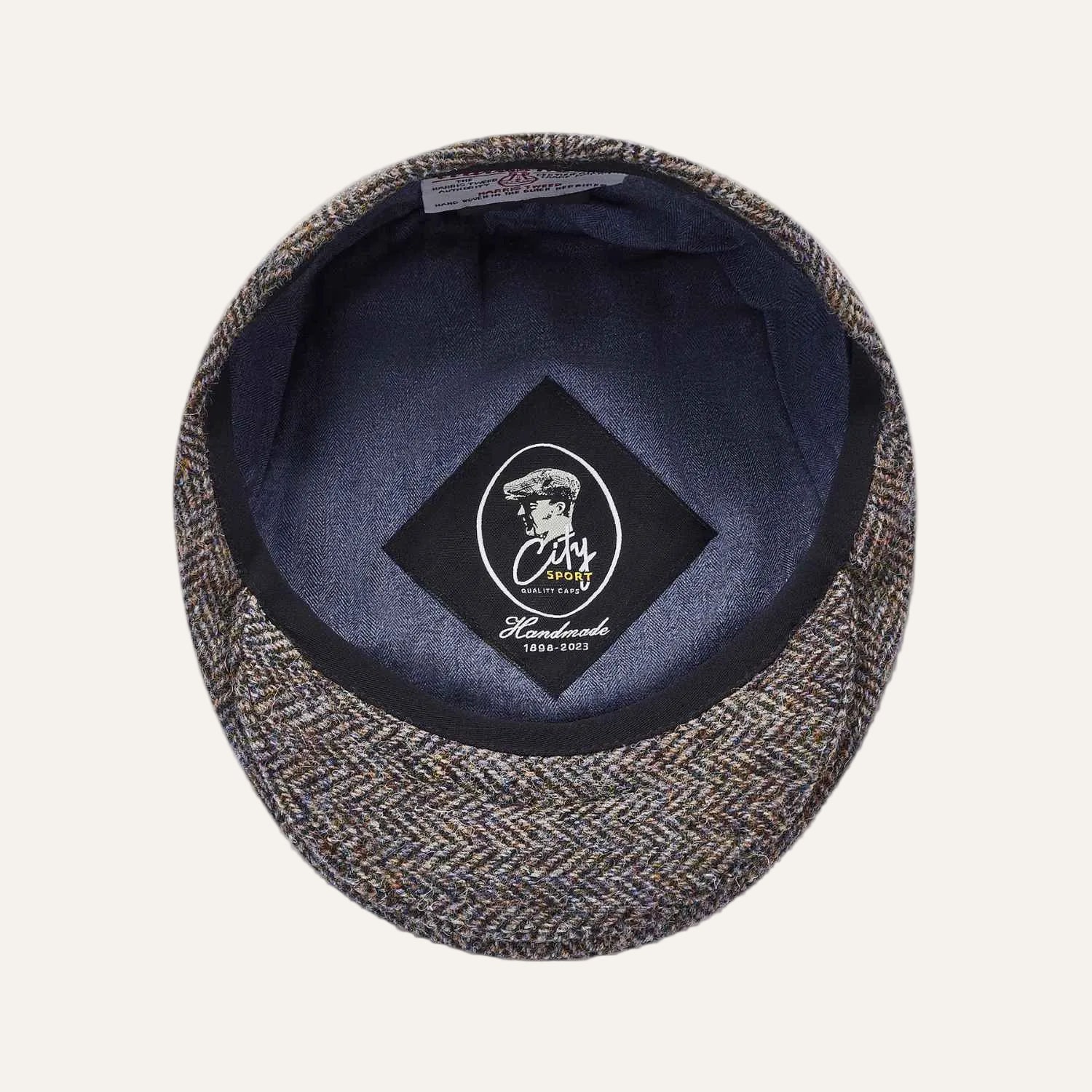 Harris Tweed Flat Cap by City Sport | Beige Herringbone Cap | Inside View