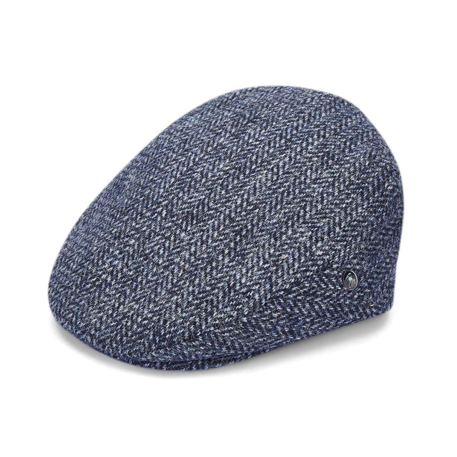 Harris Tweed Flat Cap by City Sport | Blue Herringbone Cap |Side View