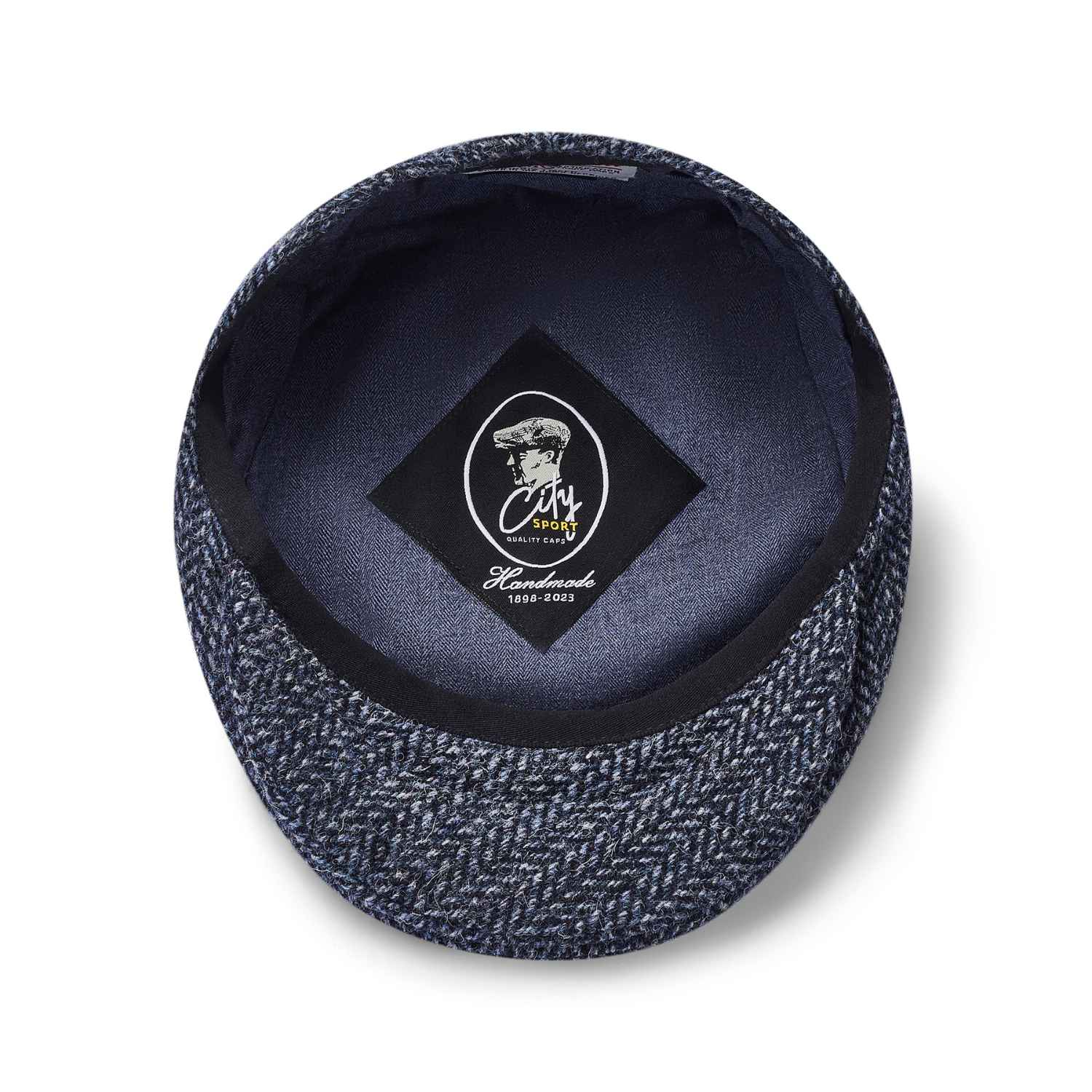 Harris Tweed Flat Cap by City Sport | Blue Herringbone Cap | Inside View
