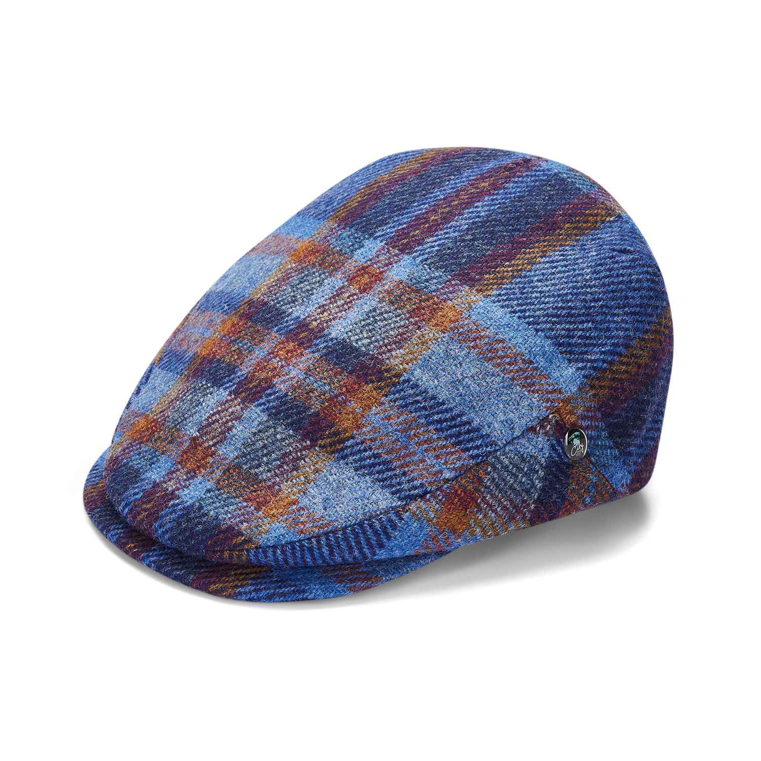 Blue Check Wool Flat Cap by City Sport | Extended Peak | Front/Side View