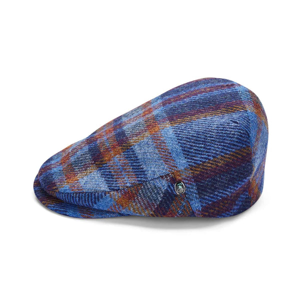 Blue Check Wool Flat Cap by City Sport | Extended Peak | Side View