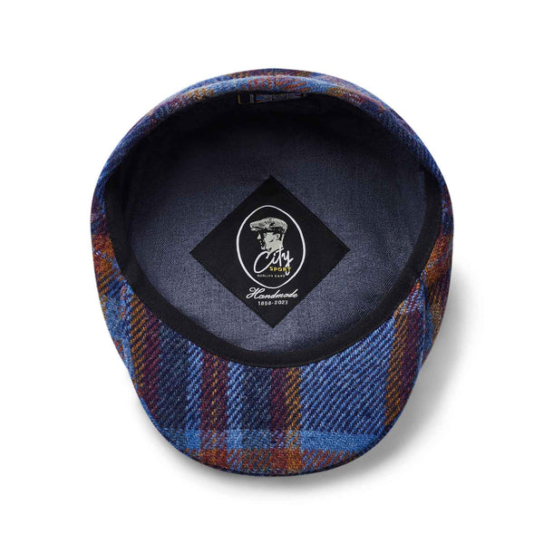 Blue Check Wool Flat Cap by City Sport | Extended Peak | Inside View