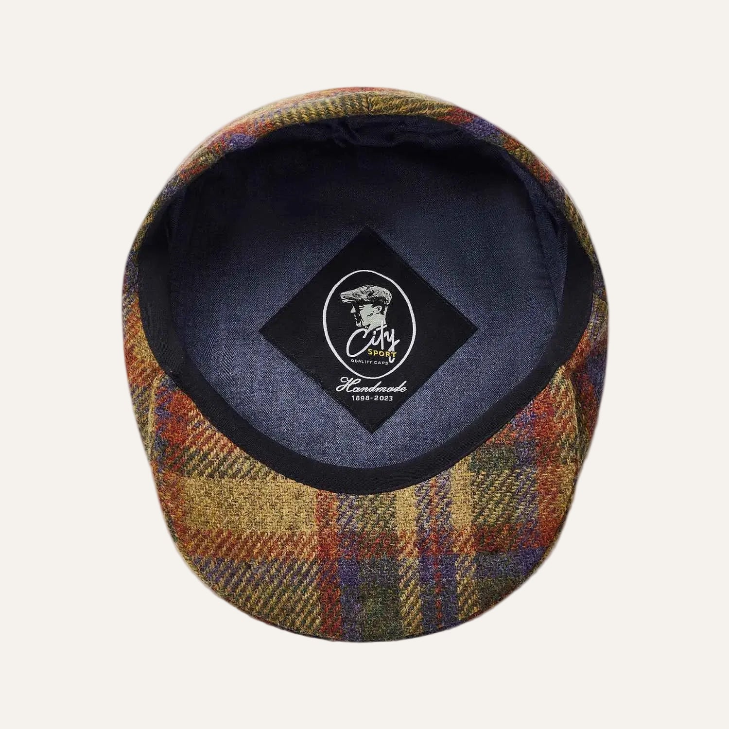 Brown/Green/Burgundy Check Wool Flat Cap by City Sport | Inside View 