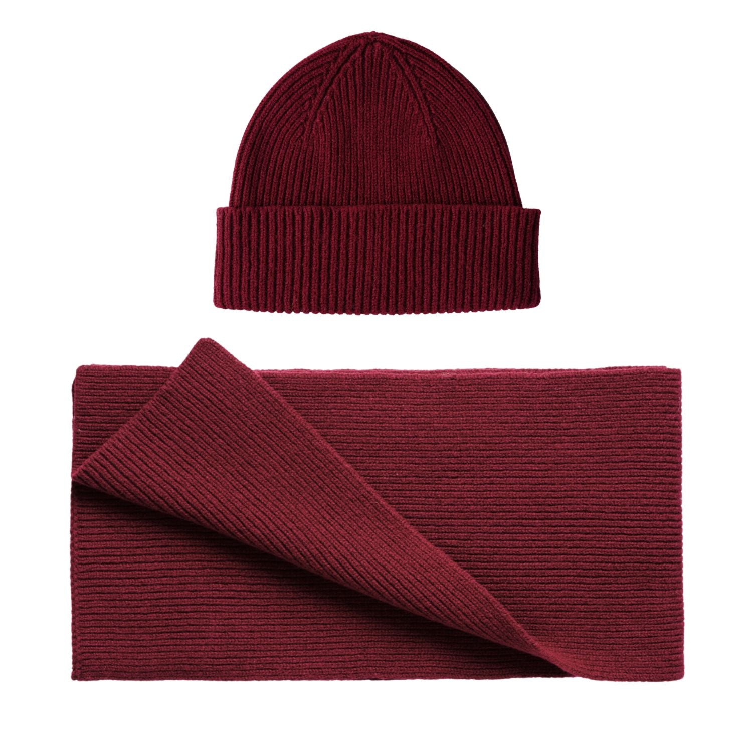 Ribbed wool scarf and beanie hat set  -  Wine