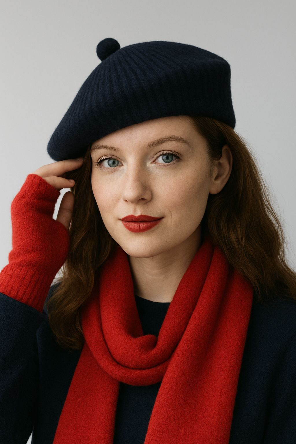 Women's Wool Pom Pom Beret | Knitted Ribbed Beret | Navy Blue - on a model v1