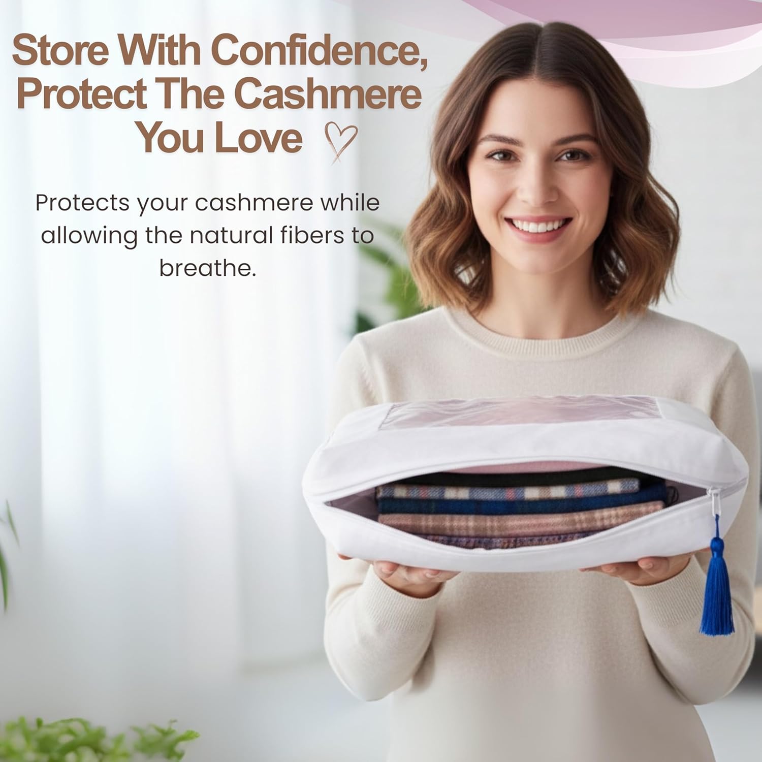 Woman holding a cashmere storage bag with cashmere sweaters and scarves inside with text about cashmere storage benefits.