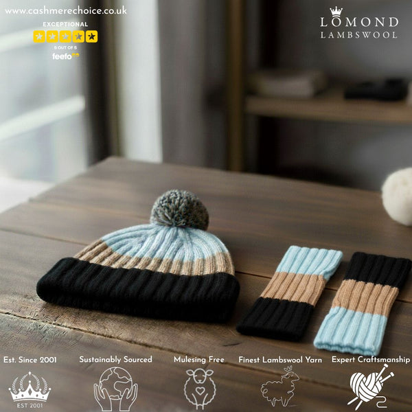 Pom Pom Hat and Mittens Set | Blue, Beige, Black | The Cashmere Choice - Lifestyle Image