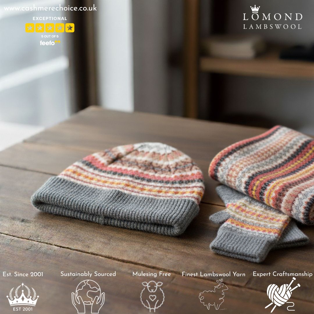 Fairisle Patterned Scarf Glove and Beanie Hat Gift Set for Ladies | Grey | Lomond Lambswool - Lifestyle Image