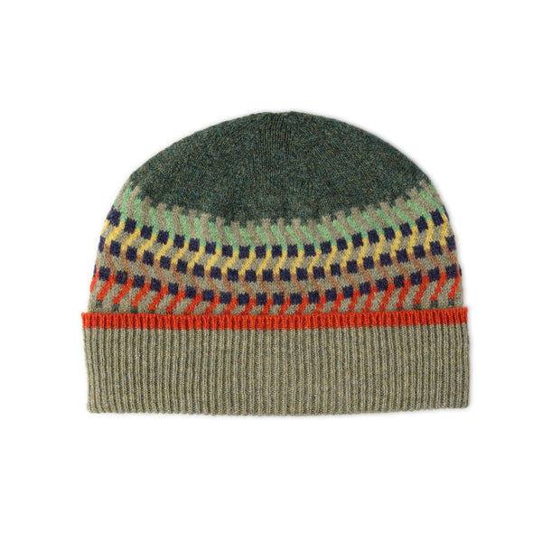 Ladies Patterned Beanie Hat | Green and Blue | Jacquard Print | The Cashmere Choice