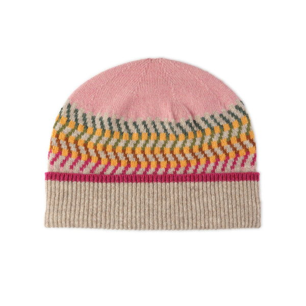 Ladies Patterned Beanie Hat | Pink and Beige | Jacquard Print | The Cashmere Choice