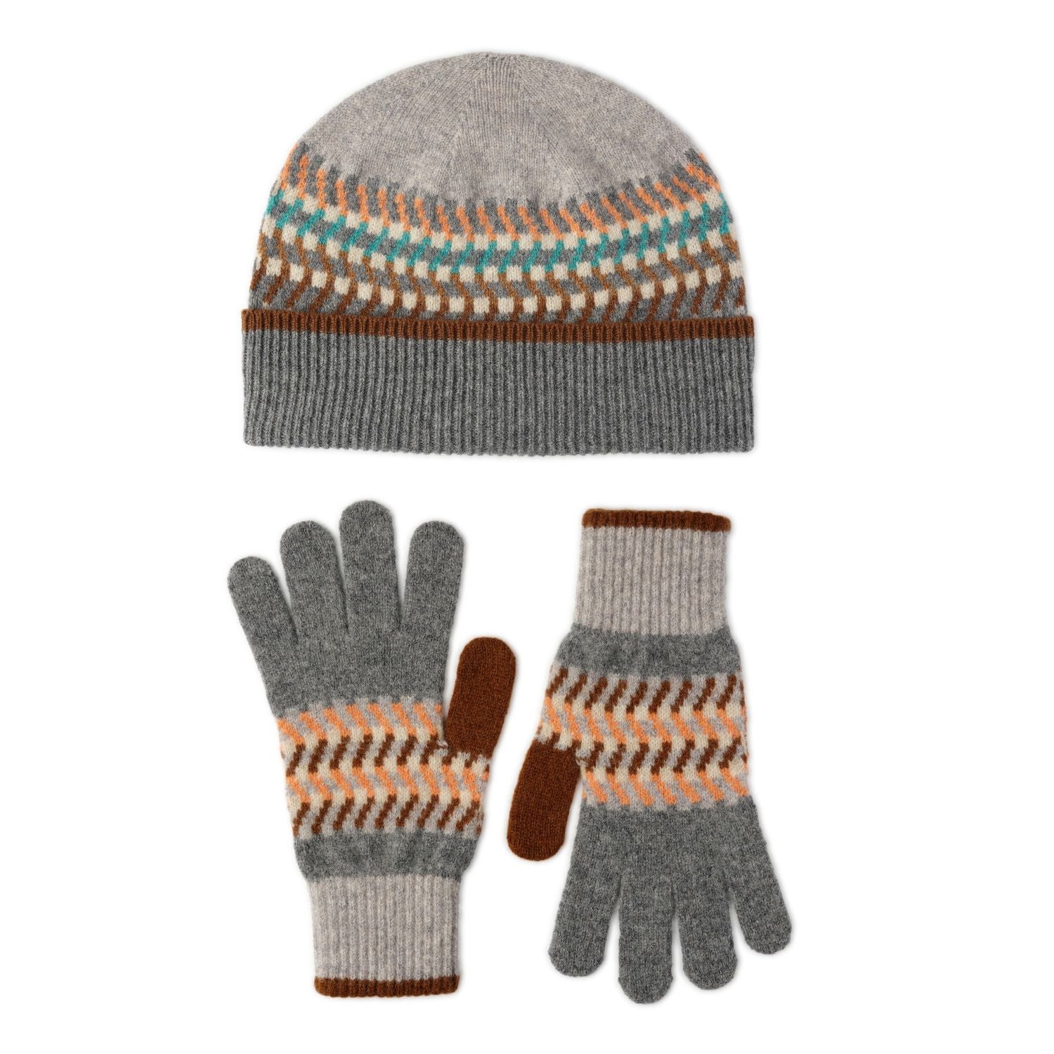 Ladies Patterned Beanie Hat and Gloves Set | Corra | Lomond - Grey