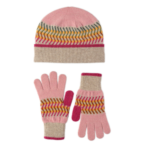 Ladies Patterned Beanie Hat and Gloves Set | Corra | Lomond - Beige Natural