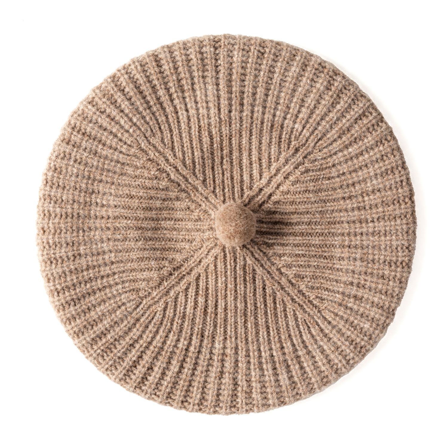 Women's Wool Pom Pom Beret | Knitted Ribbed Beret | Biege Brown