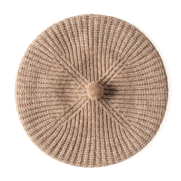 Women's Wool Pom Pom Beret | Knitted Ribbed Beret | Biege Brown