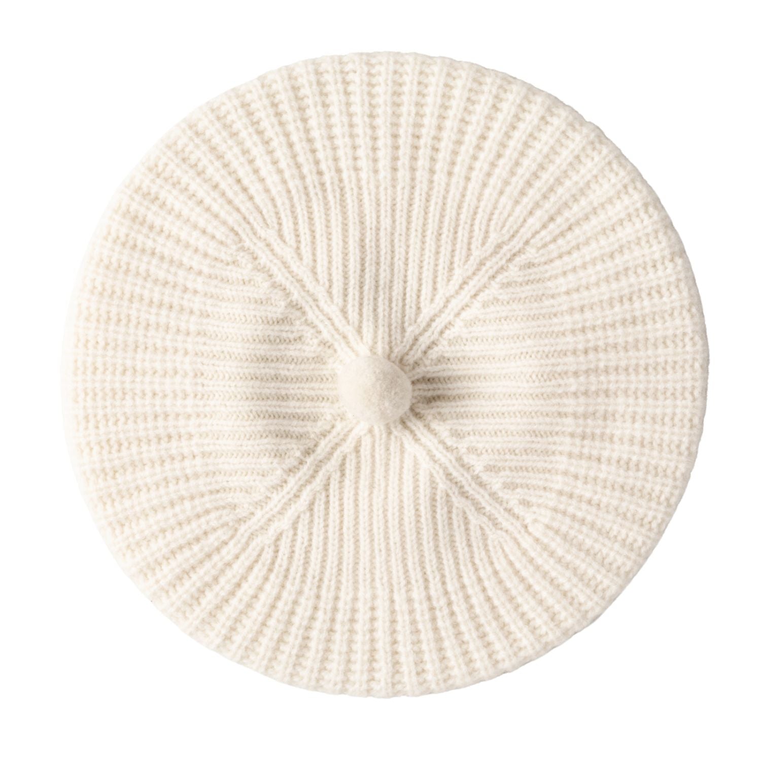 Women's Wool Pom Pom Beret | Knitted Ribbed Beret | Cream Ecru White
