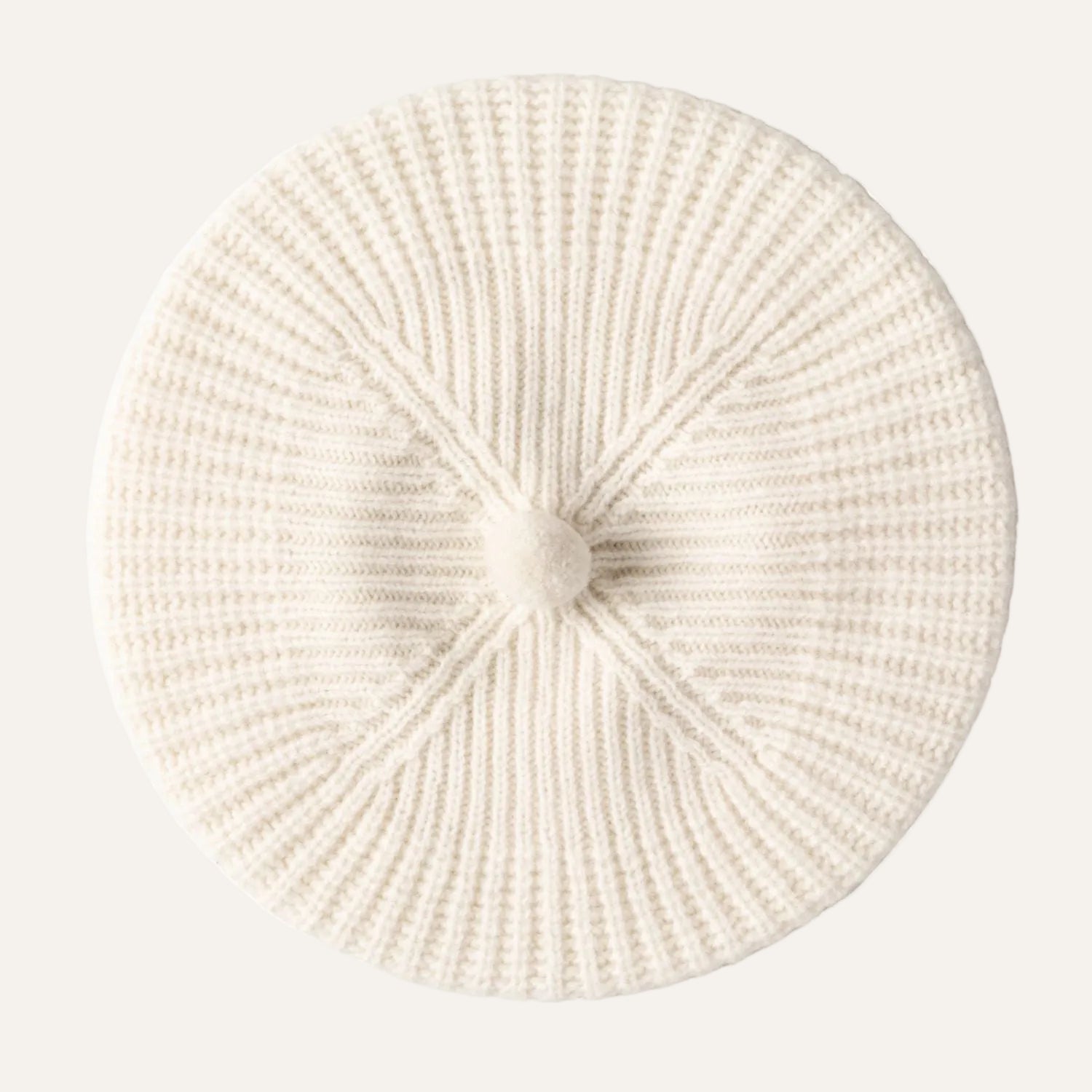 Women's Wool Pom Pom Beret | Knitted Ribbed Beret | Cream Ecru White
