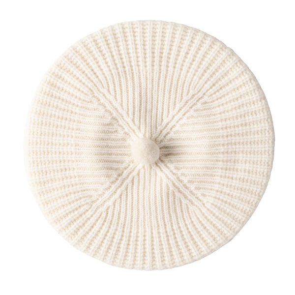Women's Wool Pom Pom Beret | Knitted Ribbed Beret | Cream Ecru White