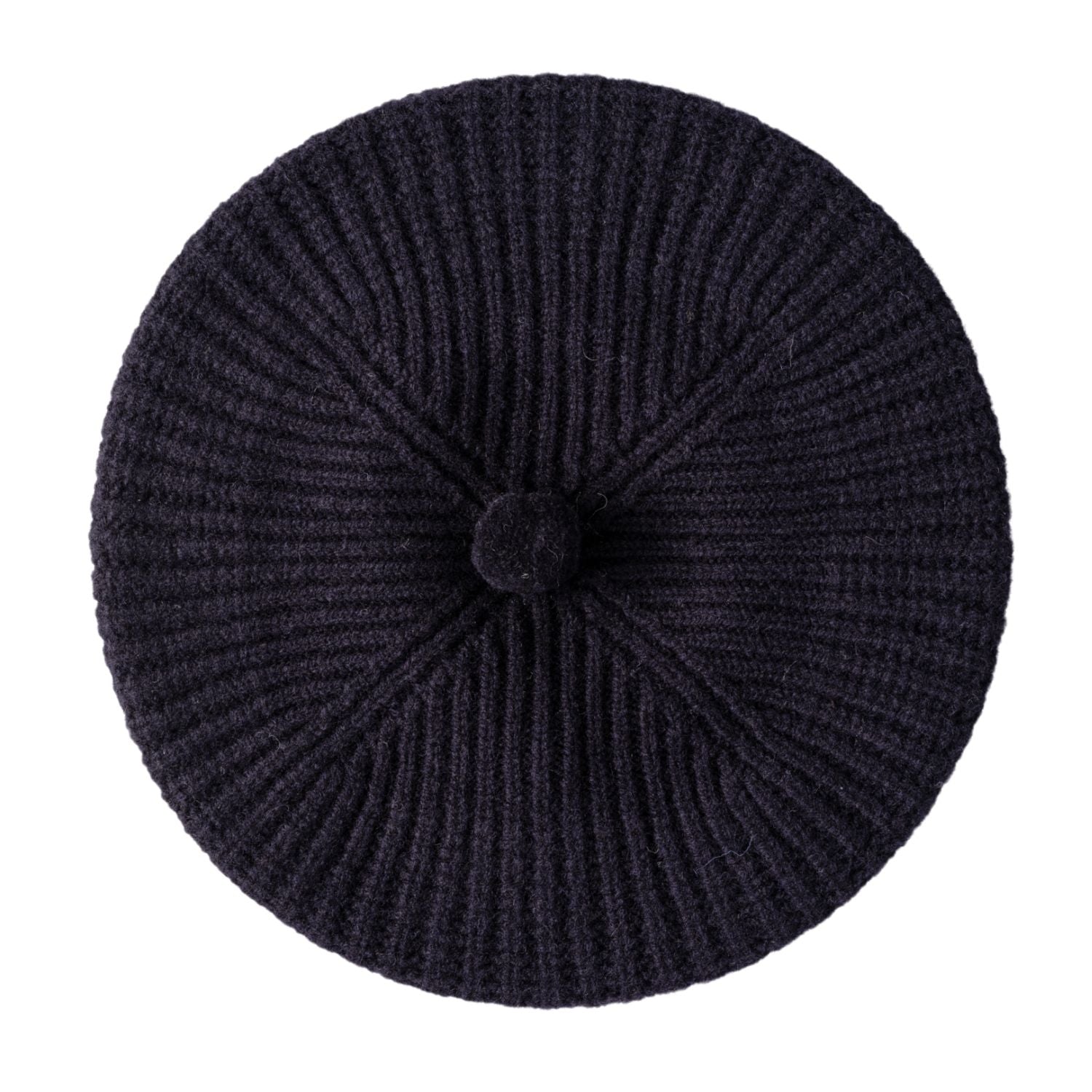 Women's Wool Pom Pom Beret | Knitted Ribbed Beret | Navy Blue
