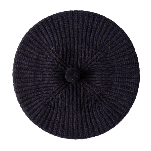 Women's Wool Pom Pom Beret | Knitted Ribbed Beret | Navy Blue