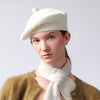 Women's Wool Pom Pom Beret | Knitted Ribbed Beret | Cream Ecru White on Model