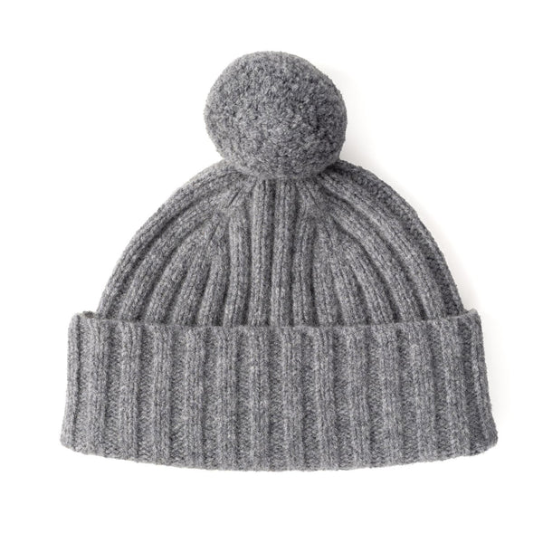 Pom Pom Beanie Hat - Ribbed beanie for women - Grey