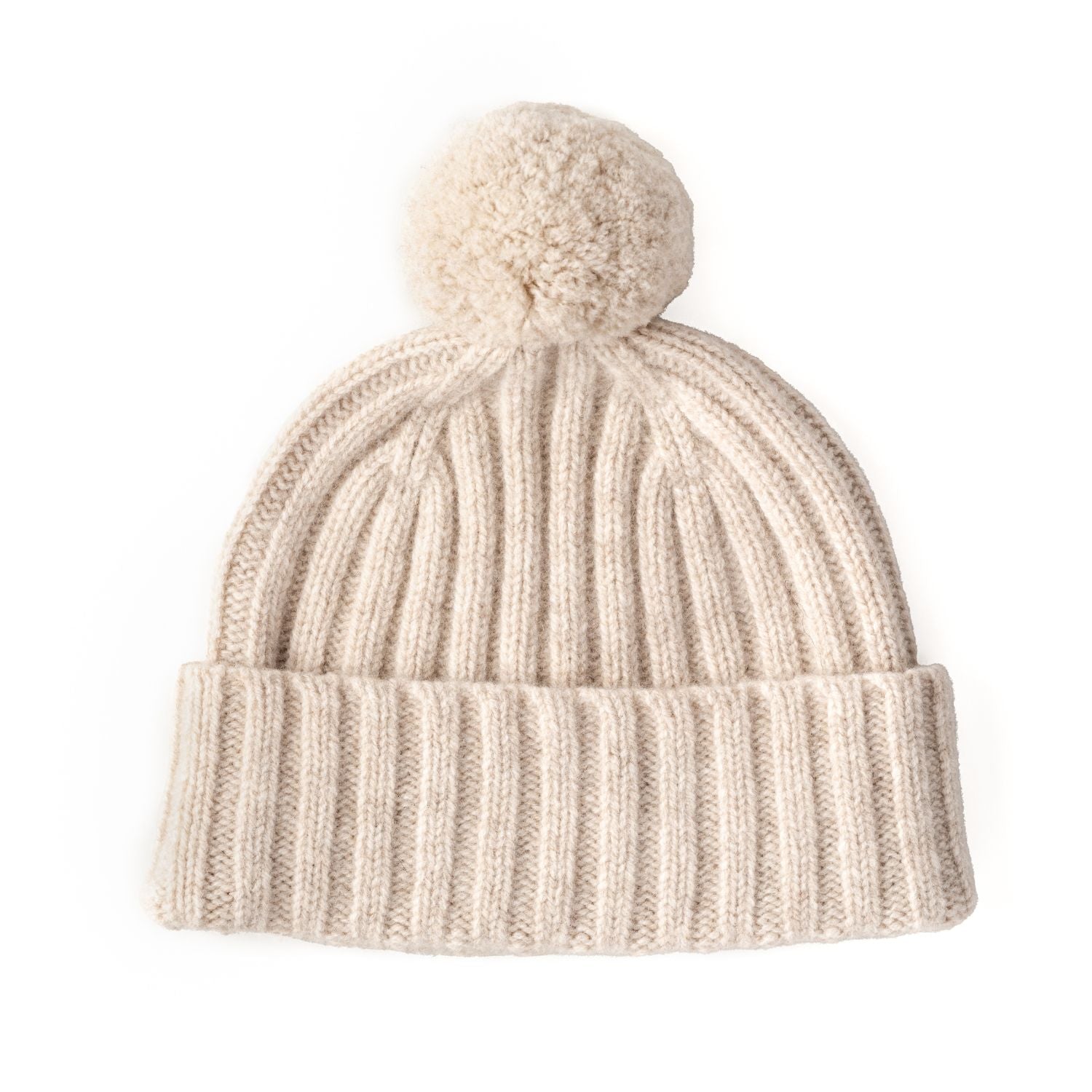Lambswool Pom Pom Beanie Hat - Ribbed beanie for women - cream