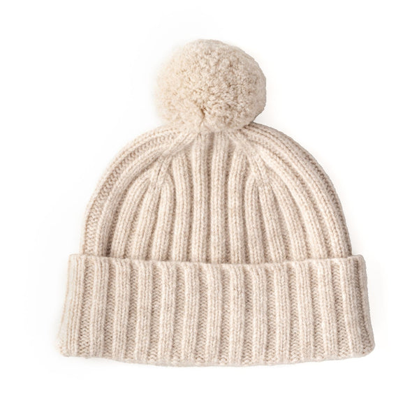 Pom Pom Beanie Hat - Ribbed beanie for women - cream