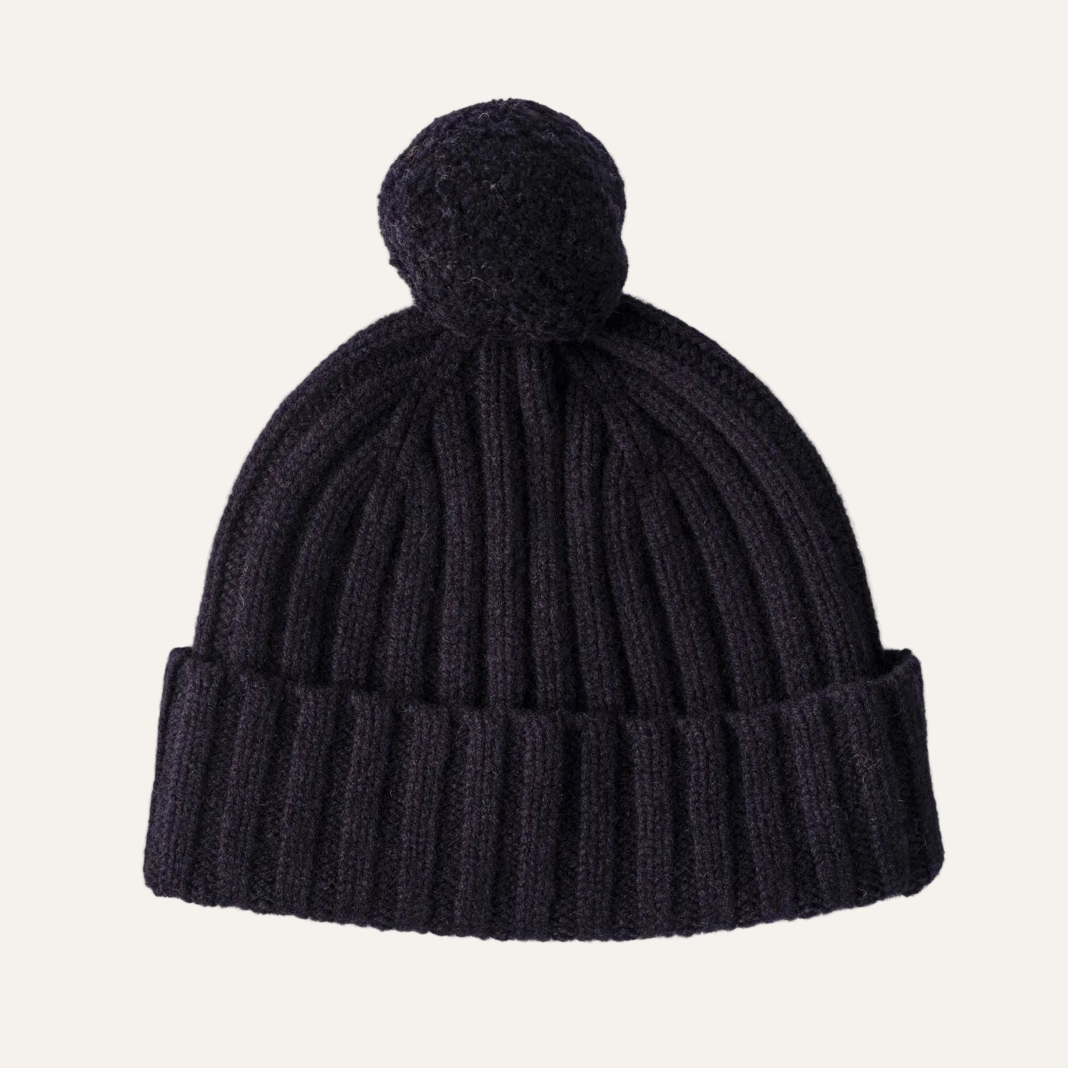 Lambswool Pom Pom Beanie Hat - Ribbed beanie for women - navy blue