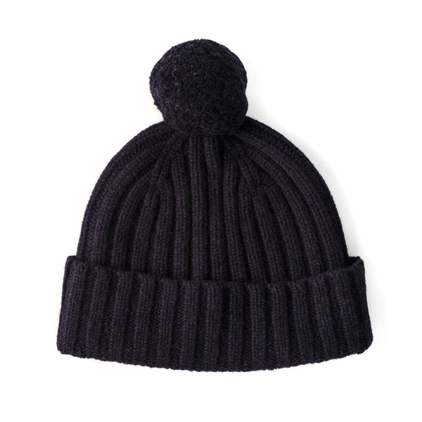 Pom Pom Beanie Hat - Ribbed beanie for women - navy blue