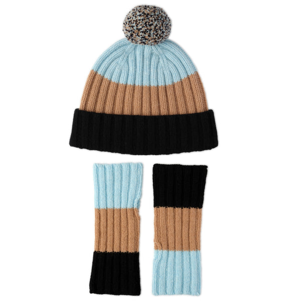 Pom Pom Hat and Mittens Set | Blue, Beige, Black | The Cashmere Choice