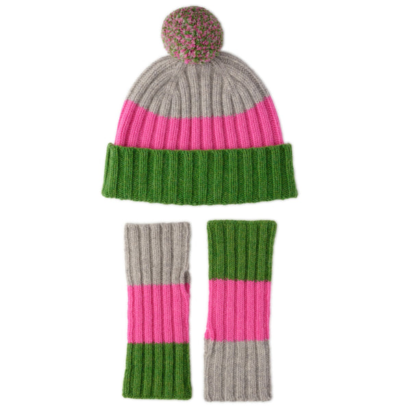 Womens Pom Pom Hat and Mittens Set | Grey, Green, Pink | The Cashmere Choice
